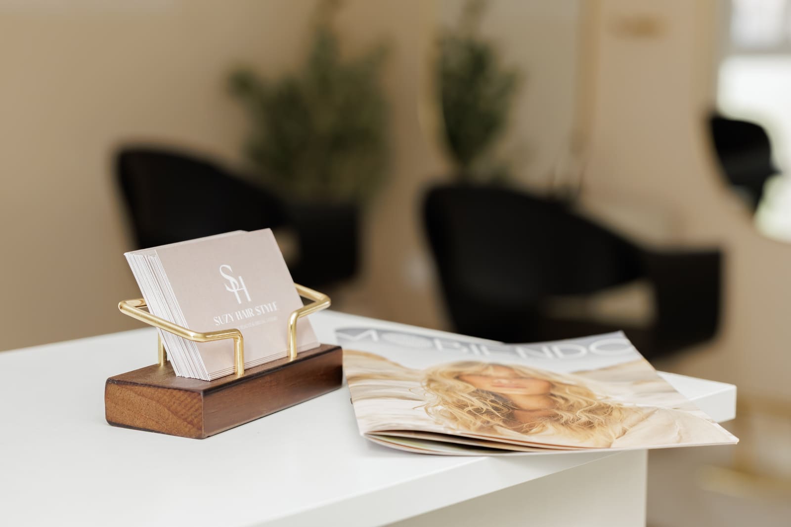 Comptoir d'accueil : cartes de visite et magazine