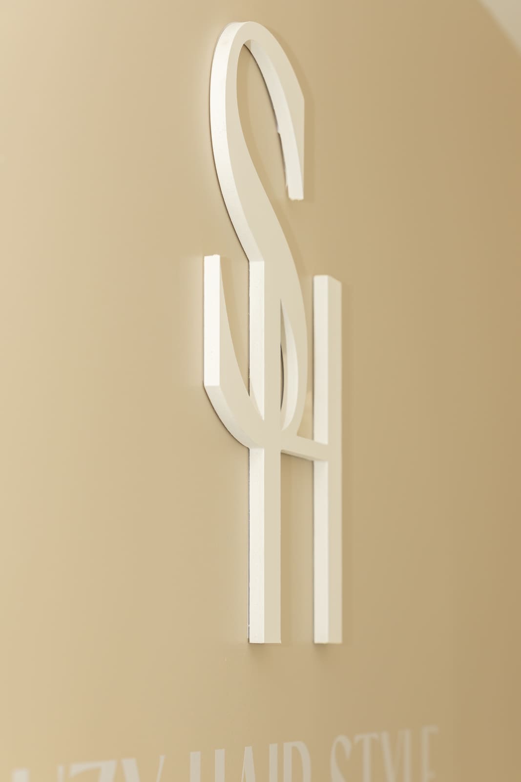 Logo en relief sur le mur d'un salon